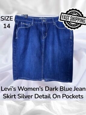 Levis Womens Dark Blue Jean Skirt Size 14 Silver Detail On Pockets FAST SHIPPING